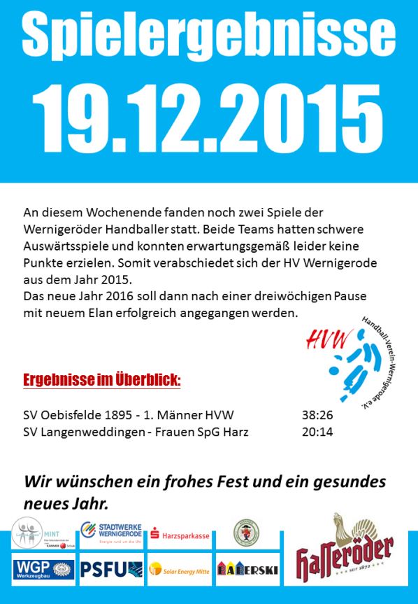 Spielergebnisse vom 19.12.15